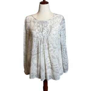 CAbi blouse sheer gray white pattern Pintuck Pleated Peasant long sleeve  Sz Med